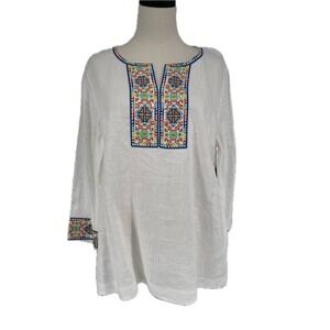 NWT John Mark White Linen Embroidered Aztec Tunic L Large